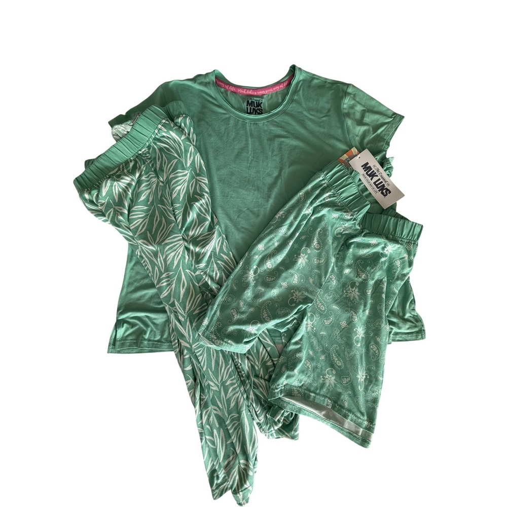 Muk Luks Womens 3 Piece PJ Set Mint Green Paisley Leaf Shirt Pants Shorts NEW
